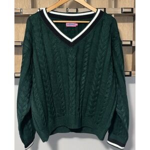 Edikted Green Cable Knit Varsity V-Neck Sweater Women M Preppy Academia